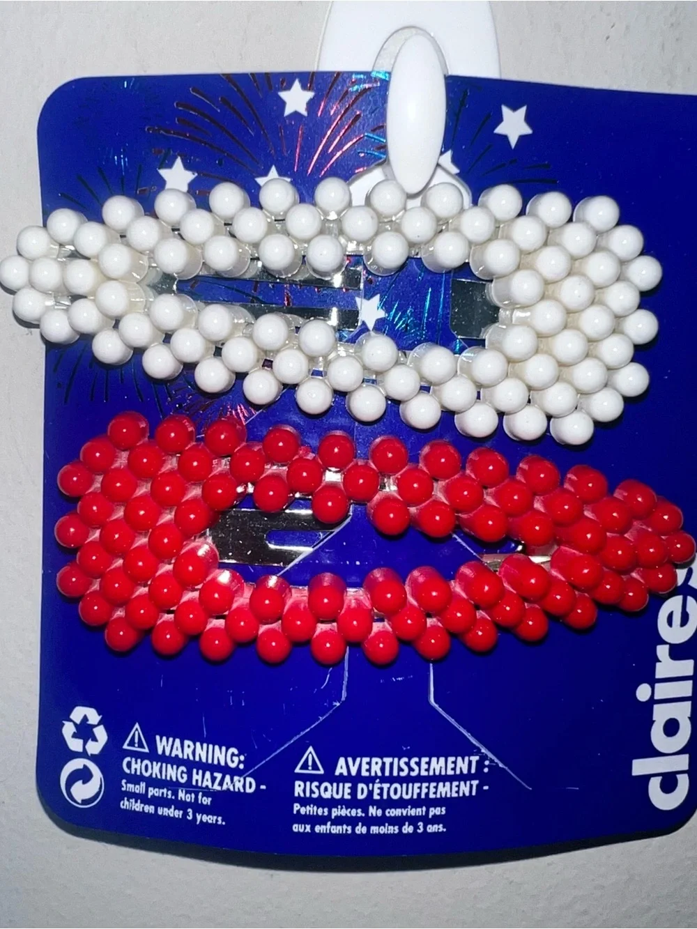 Claire's Beaded Snap Hair Clips — White & Red Duo